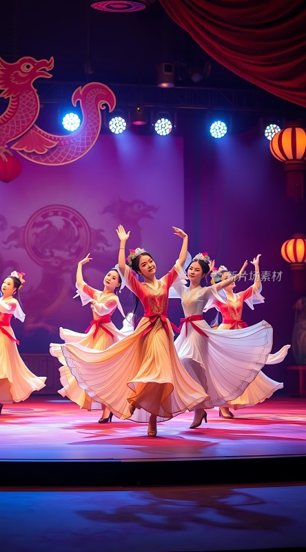 舞台上的舞者翩翩起舞背景装饰着灯笼和龙形图案灯光璀璨