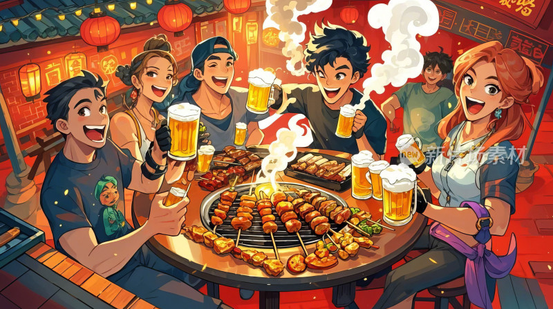 国潮美食烧烤创意插画人物图