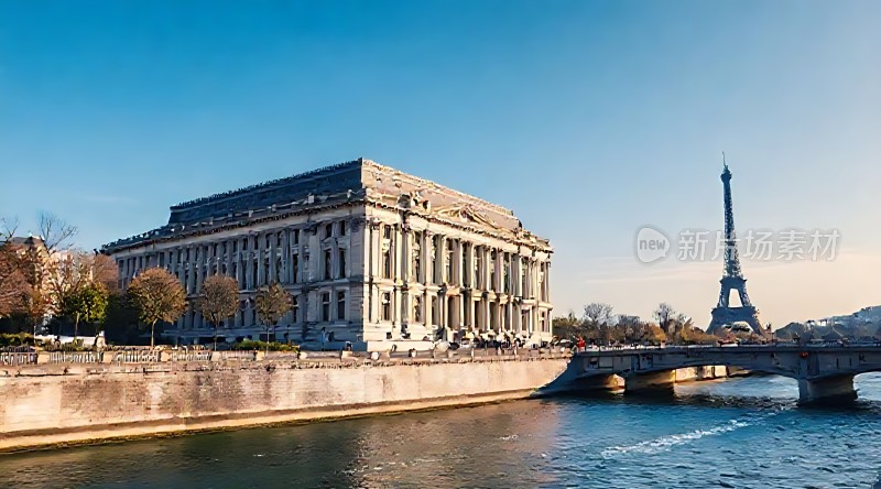 巴黎埃菲尔铁塔与河岸建筑风光