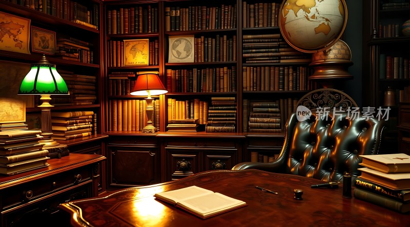 书房一角书架、地球仪和台灯营造知识氛围