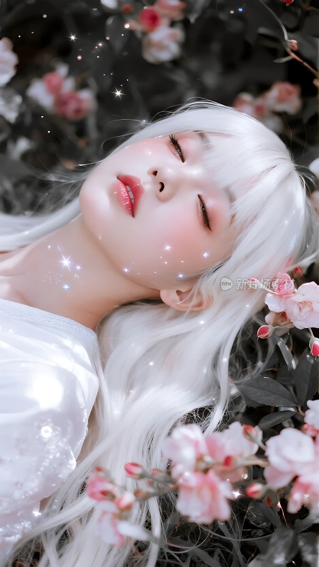 白色长发女孩与粉色花朵