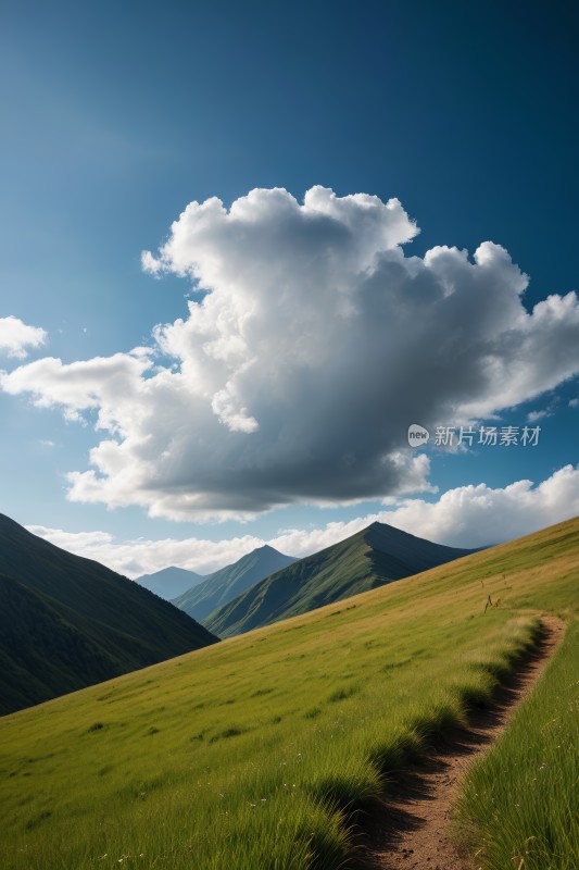 一条小路穿过一片草地一座高山