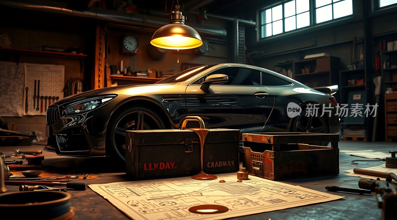 机械车间里的黑色跑车