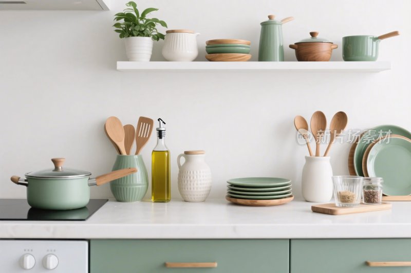 清新厨房厨具餐具摆放展示