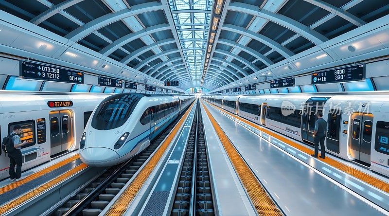 未来感地铁站高速列车停靠乘客上下车