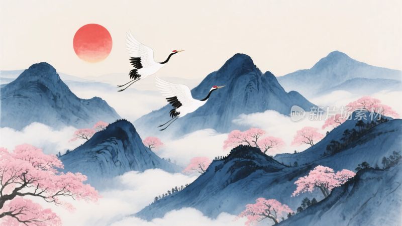 山水间双鹤伴红日图景
