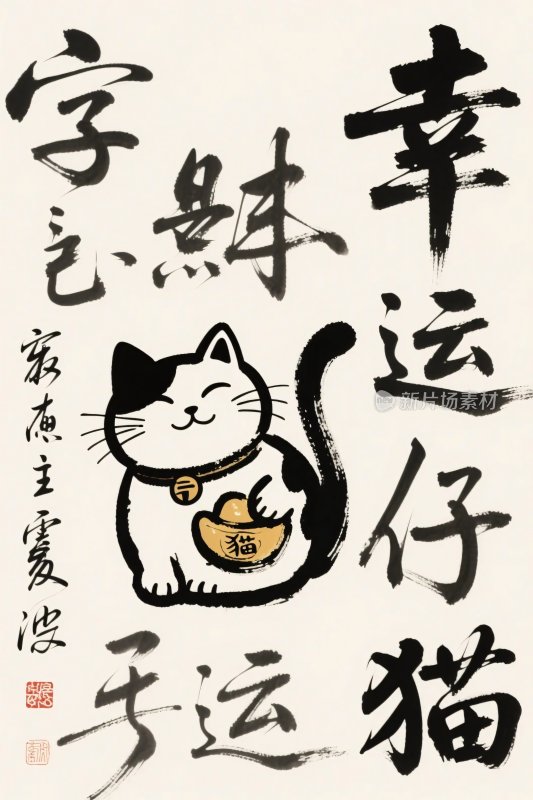幸运招财猫书法图