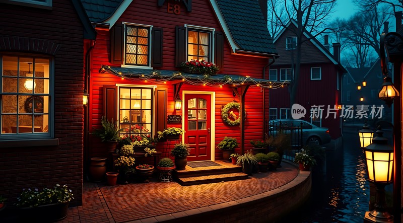 温馨小屋夜晚灯光下的宁静家园