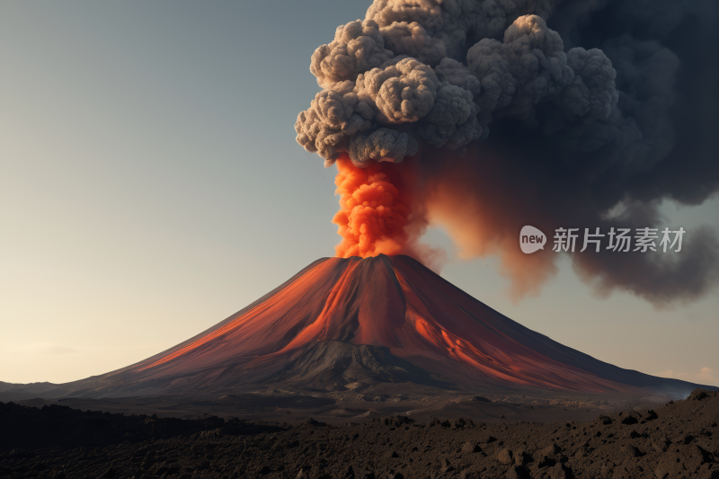 黑烟和红色熔岩从顶部升起的火山风景图片