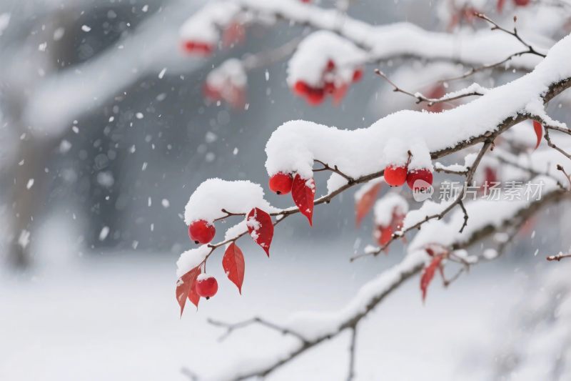 冬日雪景树枝红叶