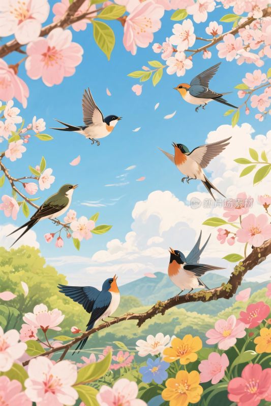 春日樱花飞燕图
