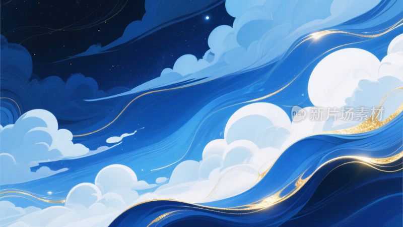 梦幻蓝色云海夜空插画