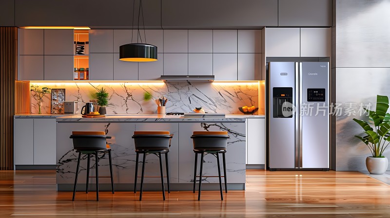 现代厨房设计大理石台面与不锈钢冰箱