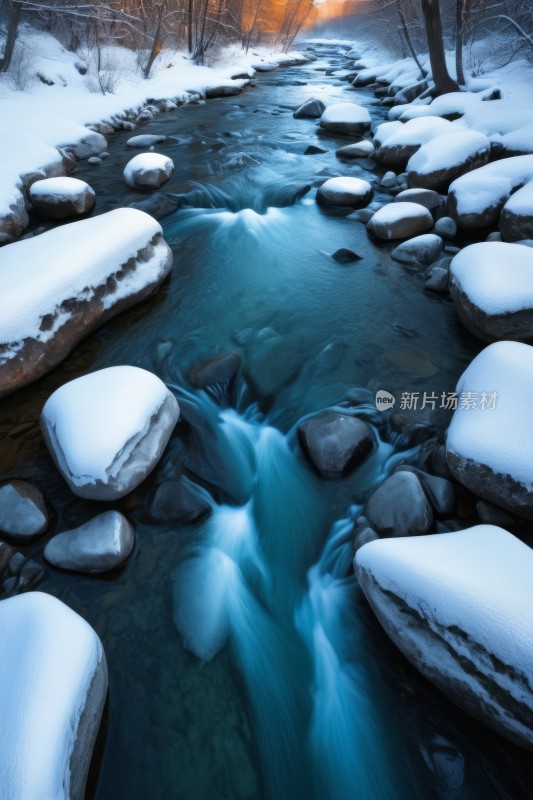 树林里的雪溪地面上有岩石和雪高清风景图片