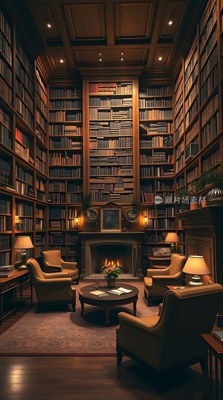 书架环绕的书房壁炉旁的舒适座椅
