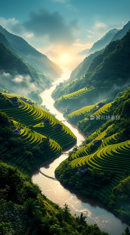 梯田晨曦山水画卷