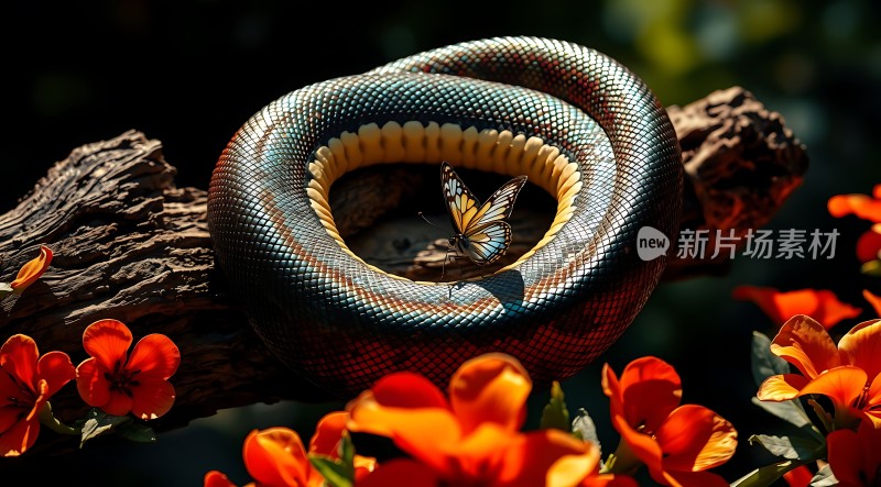 蛇与蝶共舞于花丛间
