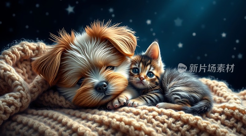 温馨夜晚小狗小猫依偎共眠