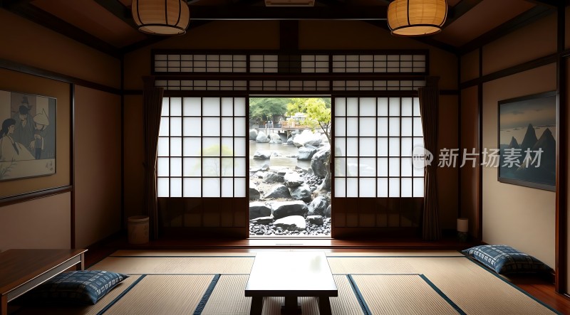 日式庭院室内景致榻榻米、低桌与窗外的自然美景相映成趣