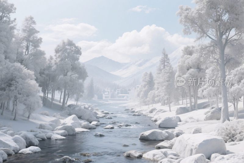 冬日雪山河流雪景图