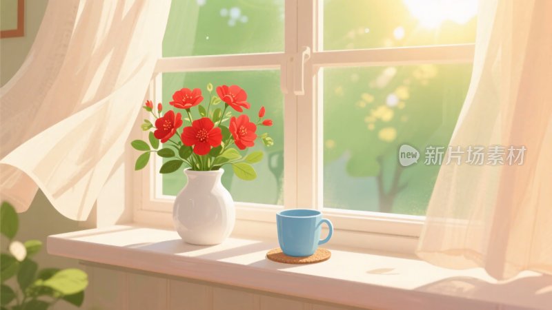 窗边花瓶与茶杯的温馨场景