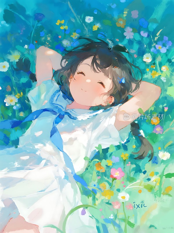 蓝色花海中的微笑女孩