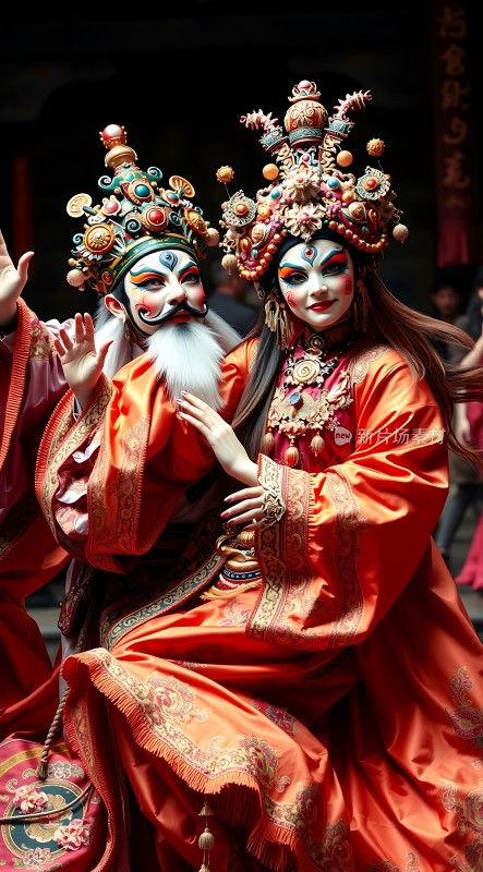 华服面具舞者色彩斑斓的服饰与精致的头饰相得益彰