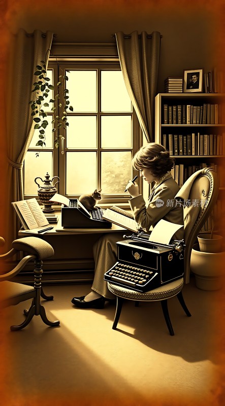 复古书桌上的作家与猫