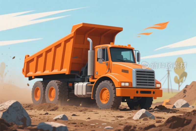 橙色自卸卡车施工场景