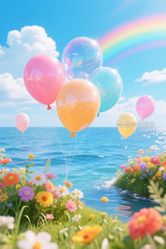 彩色气球与海边美景