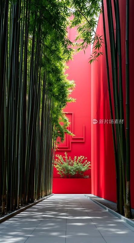竹影斑驳映红墙