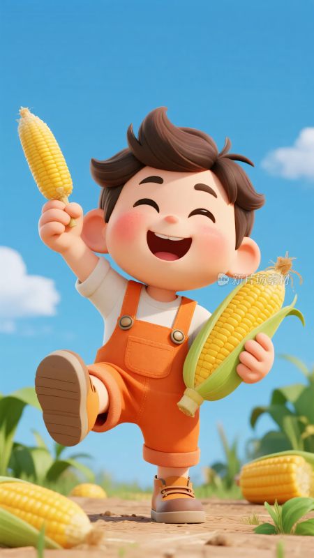 手持玉米开心奔跑的小男孩