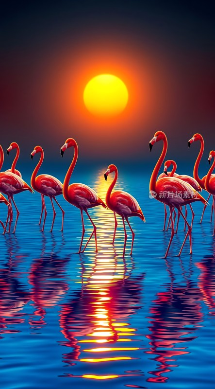 火红夕阳映照下粉红火烈鸟优雅漫步于蓝色湖面