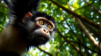 黑黄相间猴子在绿树间探出头 黑黄相间猴子在绿树间探出头