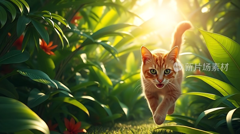 阳光下的橘猫在绿意盎然中奔跑