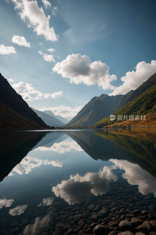 一个湖岩石和高山清风景摄影图片