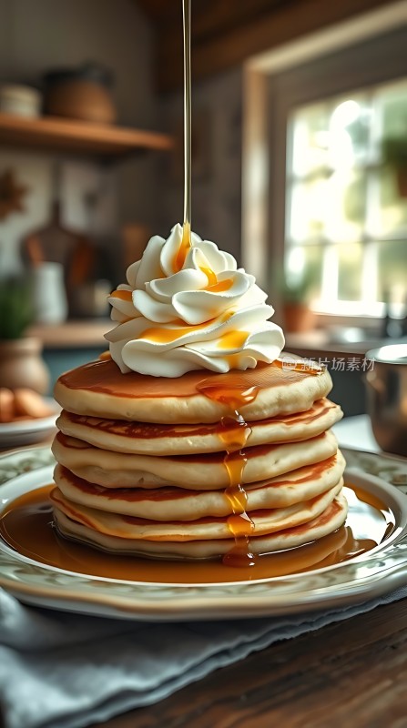 松软煎饼配奶油糖浆