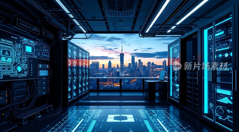 未来科技中心城市天际线与数据中心