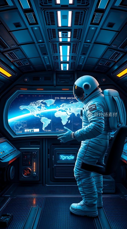宇航员在高科技飞船内操作控制台背景是地球全景