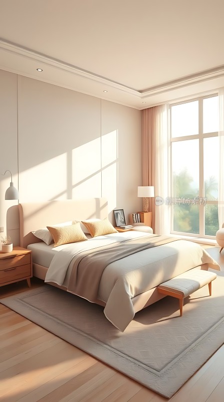 阳光洒满现代卧室温馨宁静的休息空间