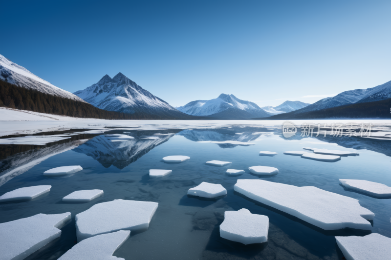 山倒映在浮冰湖水中风光风景图片