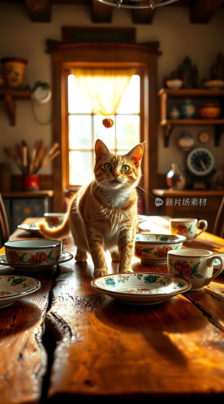 阳光下的橘猫与茶具