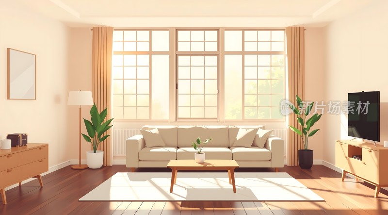 阳光明媚的现代客厅简约舒适的生活空间