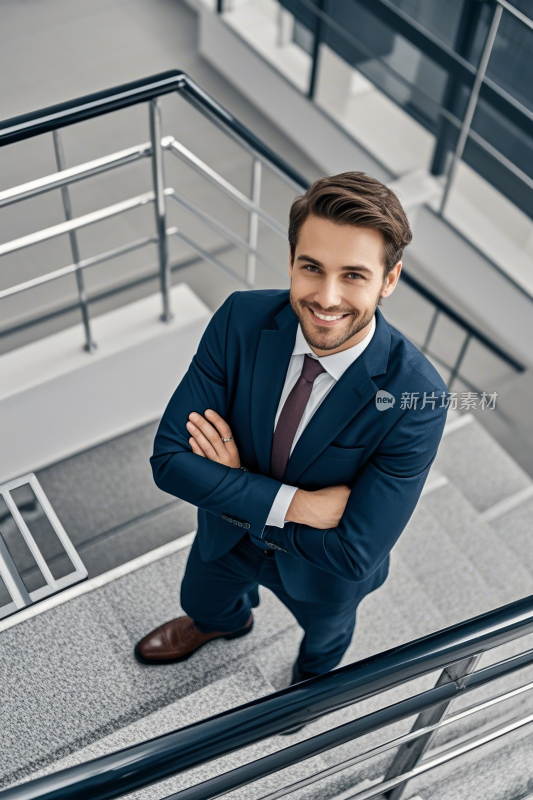 站在楼梯上的男子穿着西装系着领带高清图片