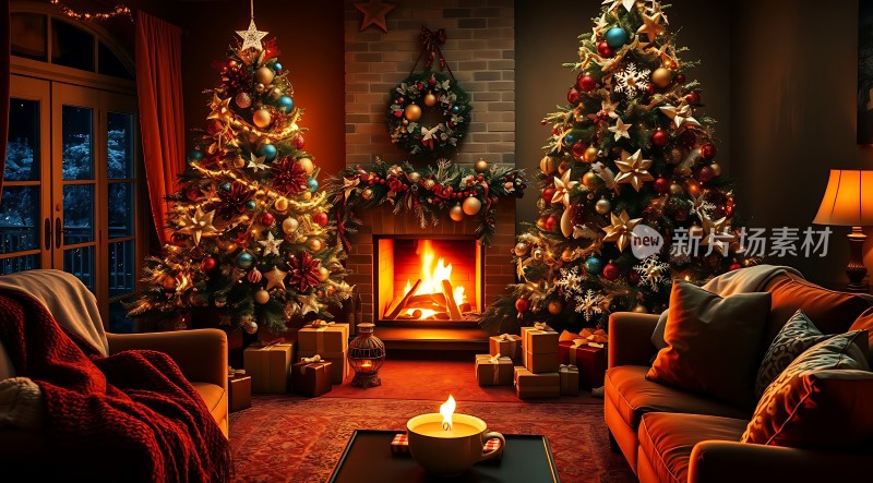 温馨圣诞夜壁炉旁的节日盛宴