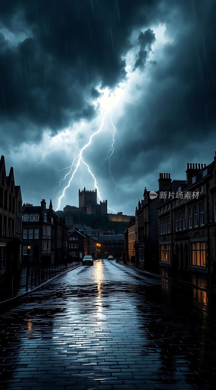 雨夜闪电下的古老城市街道