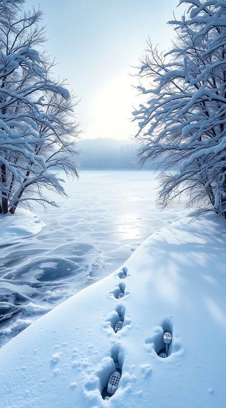 雪地足迹引向冰封湖泊
