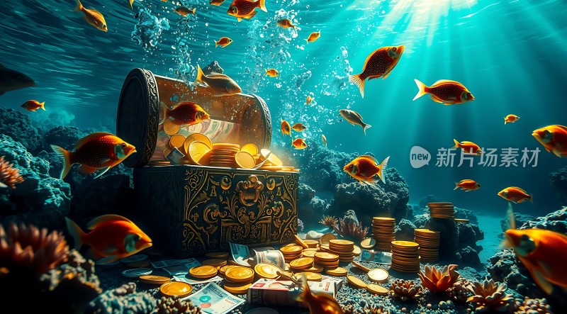 海底宝藏金币、鱼群与阳光交织的奇幻世界