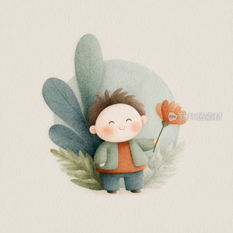 手持花朵的可爱小男孩插画