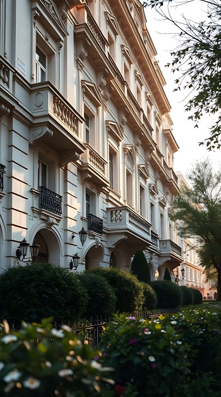 阳光下的欧式建筑与花园